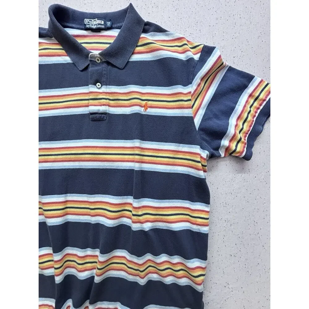 Vtg 90s Polo Ralph Lauren Mens 2XB Big Striped Mesh Polo Shirt Blue Orange